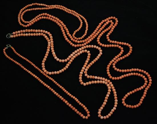 Three single strand coral bead necklaces, gross weight 102 grams.